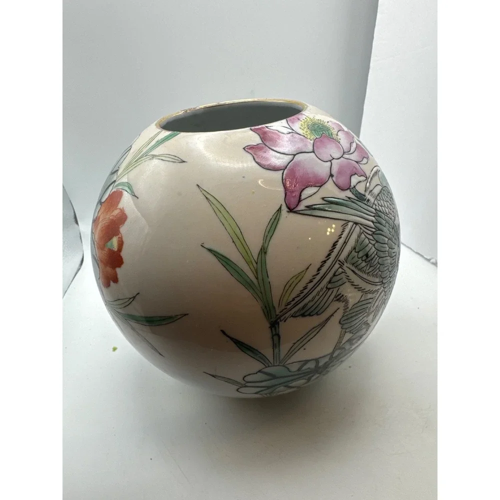 Vintage Porcelain Vase Oriental Bird Lotus Floral Design Macau Decor
